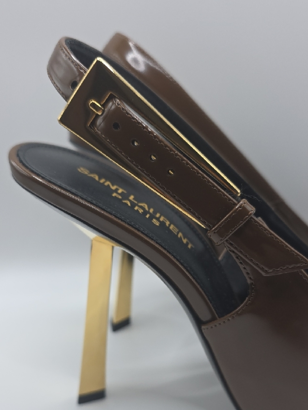 Saint Laurent Brown Patent Leather Slingback Heels with Gold Accent - Picture 6 of 16